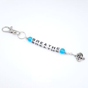 Breathe Blue Silver Lotus Peace Meditation Keychain Handmade Accessory
